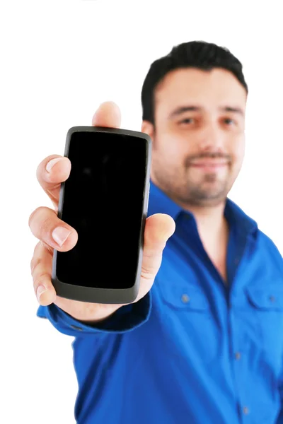 Empresário com celular, isolado em branco, foco na mão — Fotografia de Stock