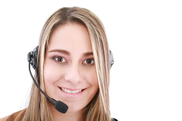 Jasny obraz przyjaznej kobiecej linii telefonicznej operatora — Zdjęcie stockowe