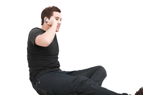 Homem usando um telefone celular, isolado no branco — Fotografia de Stock