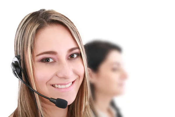 Bonito representante sorrindo call center mulher com fone de ouvido . — Fotografia de Stock