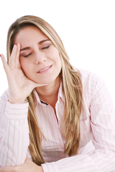 Beyaz izole bir baş ağrısı olan kadın — Stok fotoğraf