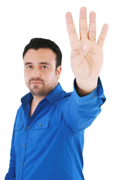 Jonge goed uitziende man met tellen vingers tegen witte backg — Stockfoto