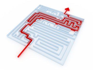 Labyrinth of transparent blocks through which the red arrow. 3d clipart