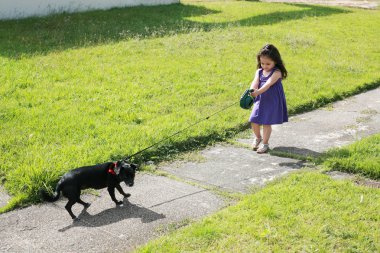 Little girl having trouble with her dog in the park clipart