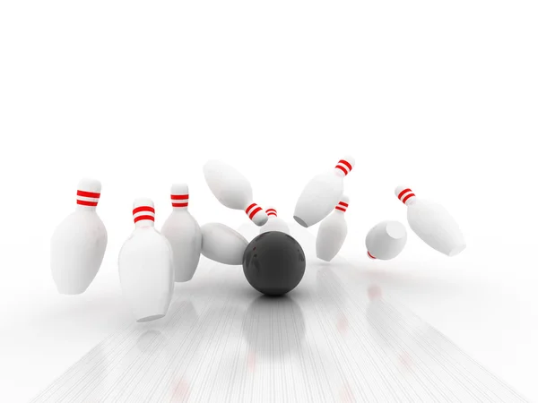 3d Bowling Ball crashing into the pins — Stock Photo, Image