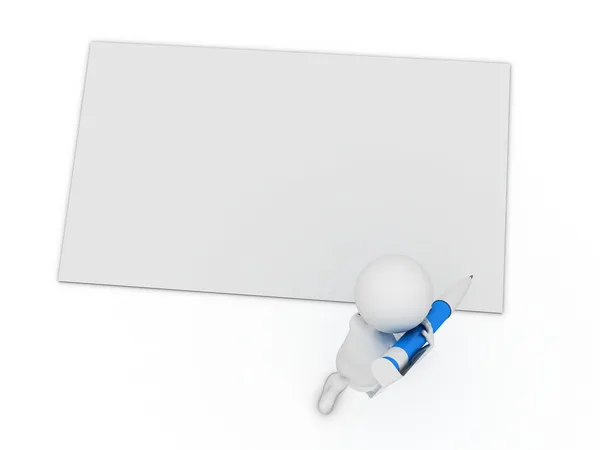 Lilla 3d karaktär skriva ett kort med stor penna isolerad på vit — Stockfoto