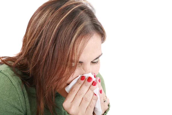 Sick woman with tissue on white — Stock Photo, Image