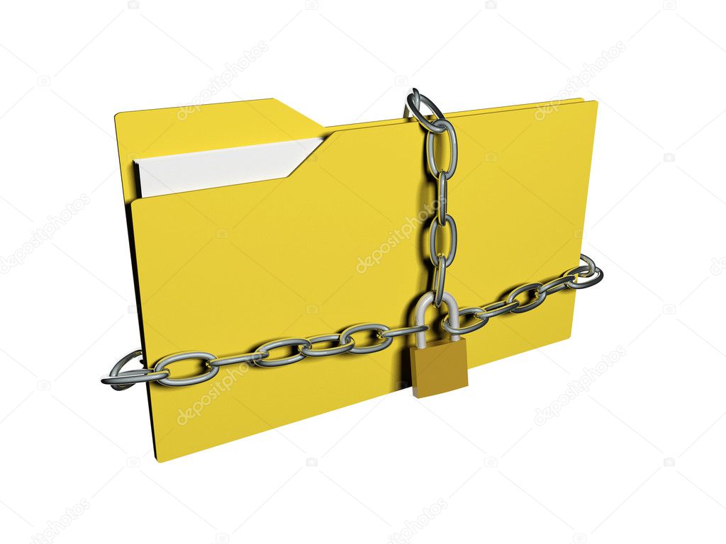Computer data security concept. Computer folder with with chain