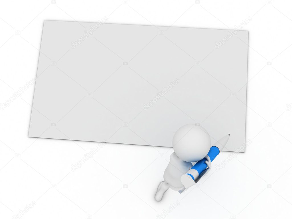 Little 3d character write a card with big pen isolated on white