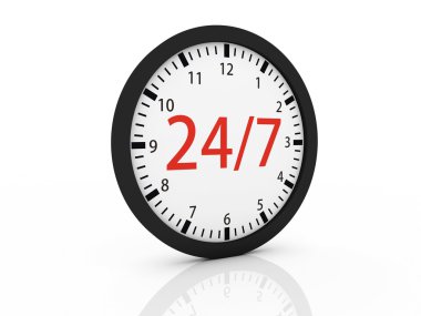 One clock with the numbers 24 and 7 on center, concept of full a clipart