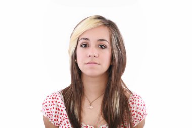 Young serious attractive woman looking into the camera clipart