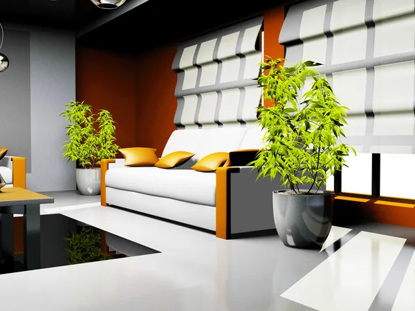 Waiting room with orange and white leather furniture — Stock Photo, Image