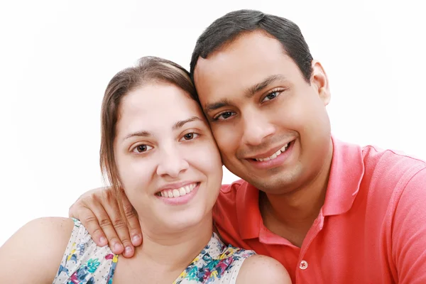 Young happy couple love smiling, looking at camera, isolated ove Stock Picture