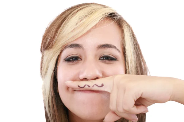 Muchacha atractiva con bigote, usando su dedo —  Fotos de Stock