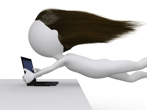 高速互联网概念，女人飞举行她的笔记本电脑 — 图库照片