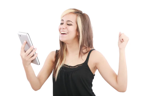 Touch pad pc vasıl arıyor tablet bilgisayar kadın heyecan — Stok fotoğraf