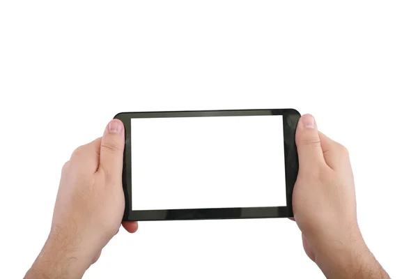 Leeres Touchpad mit zwei Händen, isoliert auf weiß — Stockfoto