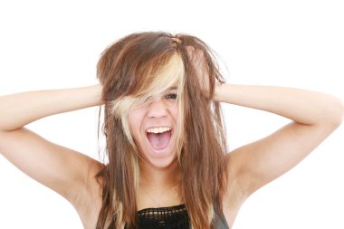 Stress. Woman stressed is going crazy pulling her hair in frustr clipart