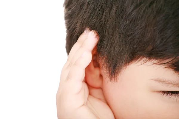 Um menino tentando ouvir o som ao seu redor - O que você fez — Fotografia de Stock