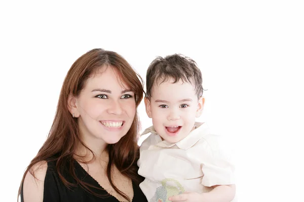 Világos képet boldog anya és kis fia felett fehér — Stock Fotó
