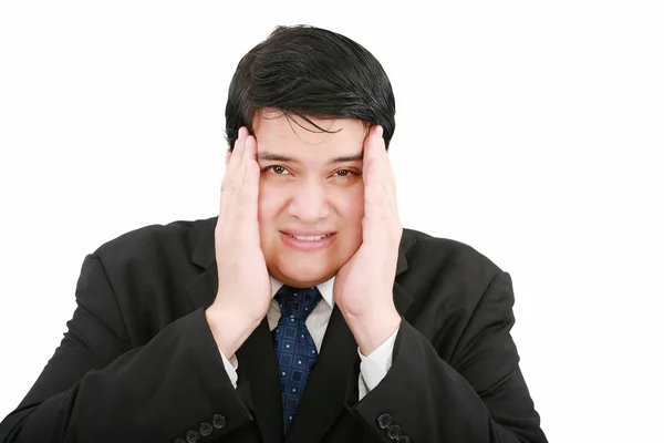 Nahaufnahme eines Geschäftsmannes mit Migräne, der seine Schläfen hält. — Stockfoto