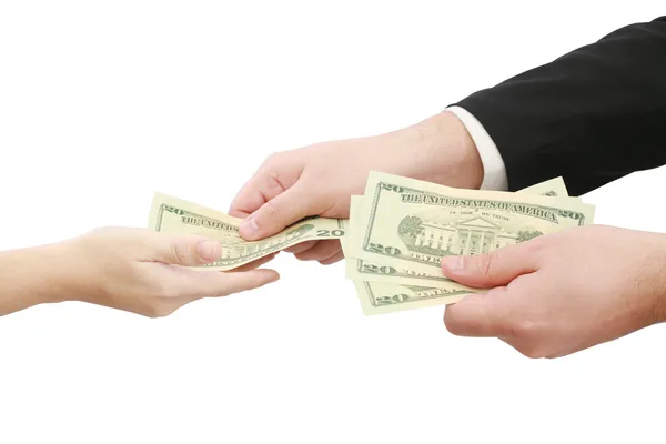 Mãos dando dinheiro isolado no fundo branco — Fotografia de Stock