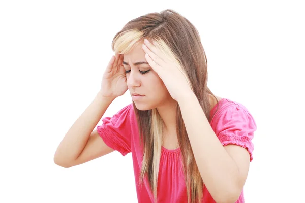 Mujer con dolor de cabeza terrible o un gran problema — Foto de Stock