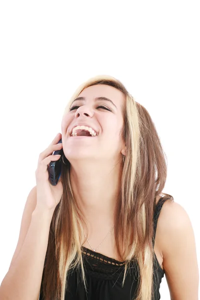 Όμορφη κοπέλα έκρηξη στα γέλια στο κινητό. — Φωτογραφία Αρχείου