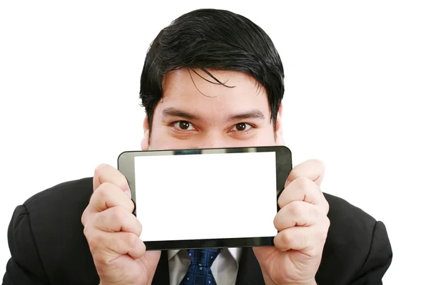 Jovem empresário segurando um tablet touch pad pc no whit isolado — Fotografia de Stock