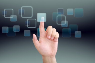 Hand pushing a button on a touch screen interface clipart