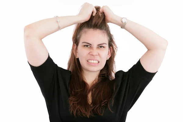 Stresu. obchodní žena frustrovaný a zdůraznil, tahání vlasy. — Stock fotografie