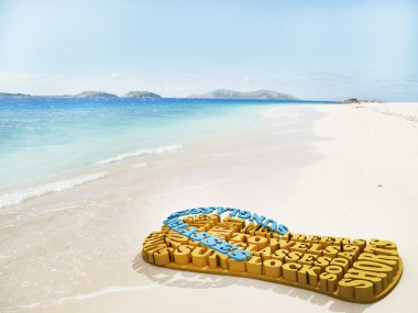 Beach shoes made of summer words on the beach on a bright day clipart