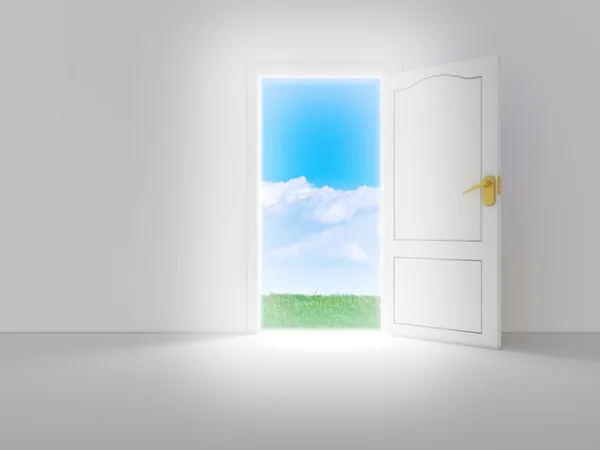 Leeres weißes Zimmer mit geöffneter Tür und schöner Aussicht, 3D-Render — Stockfoto