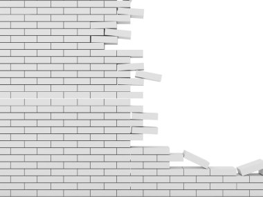 Beyaz arka plan üzerinde izole kırık tuğla duvar