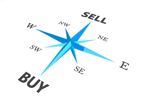 Kjøpe vs selge forretningskonseptkompass isolert på hvit bakgruppe – stockfoto