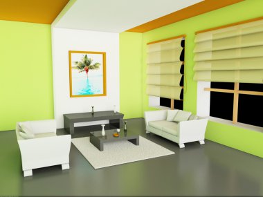 oturma odası ve modern bir iç 3D çizimi.