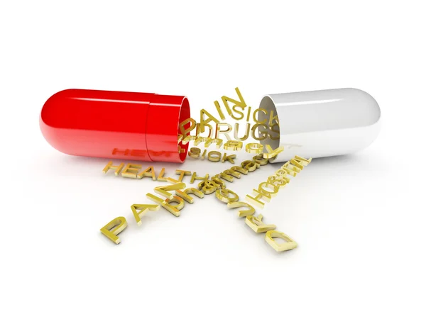 Eine offene Pille mit verschiedenen Wörtern über Gesundheit (3D-Render)) — Stockfoto