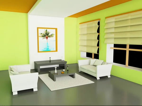 Oturma odası ve modern bir iç 3D çizimi. — Stok fotoğraf