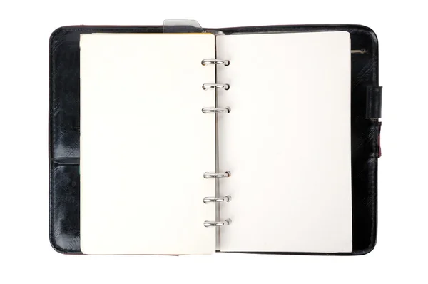 Μια άνοιξε καφέ δερμάτινο σημειωματάριο με λευκό ΚΕΝΗΣ σελ. — Φωτογραφία Αρχείου