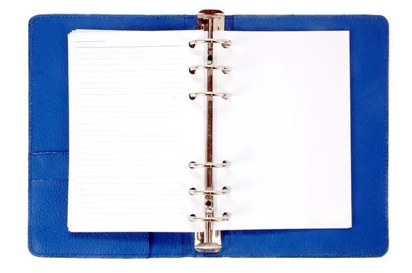 Otevřené modrý kožený zápisník s prázdný papír — Stock fotografie