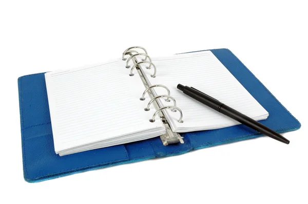 Открытая голубая кожаная тетрадь и черная ручка — стоковое фото
