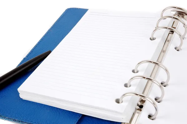Otwarty skórzany niebieski notatnik i długopis czarny — Zdjęcie stockowe