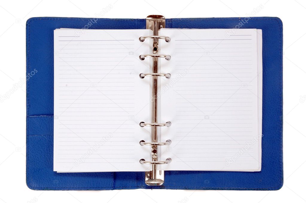 An opened blue leather notebook