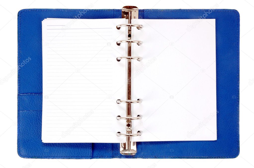 An opened blue leather notebook with blank paper