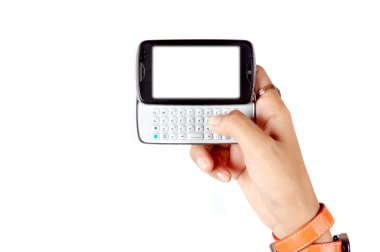 Cep telefonu tutan kadın eli değmek perde