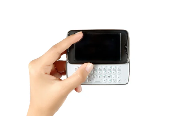 Mão da mulher segurando a tela sensível ao toque do telefone móvel — Fotografia de Stock
