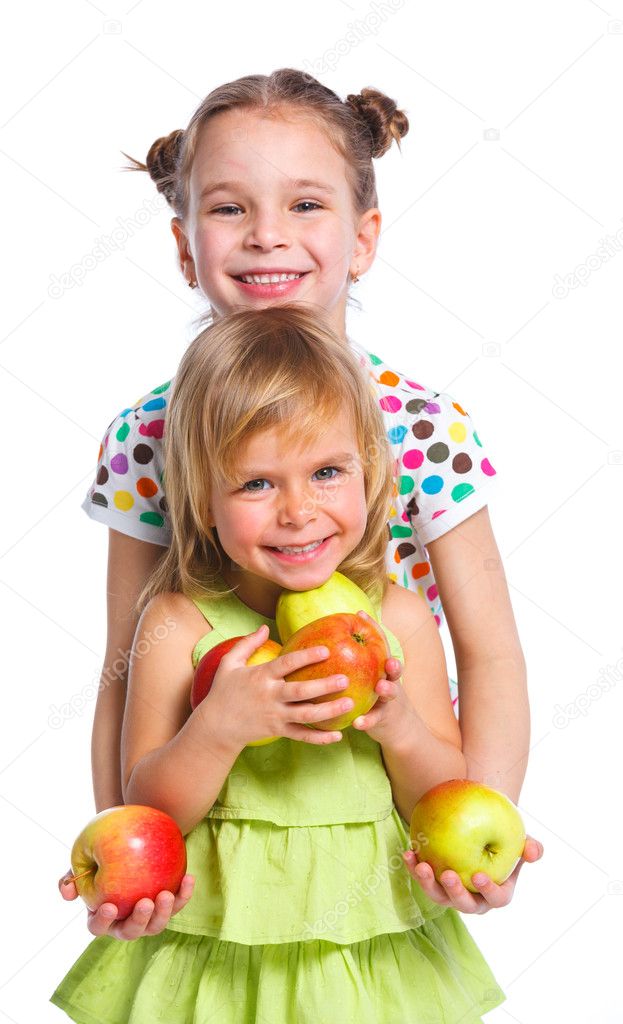 Portrait of two happy girls with apple