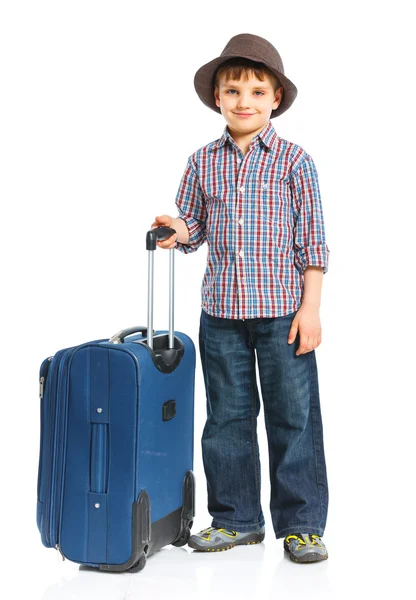 Gelukkig toeristische jongen. geïsoleerd op witte achtergrond — Stockfoto