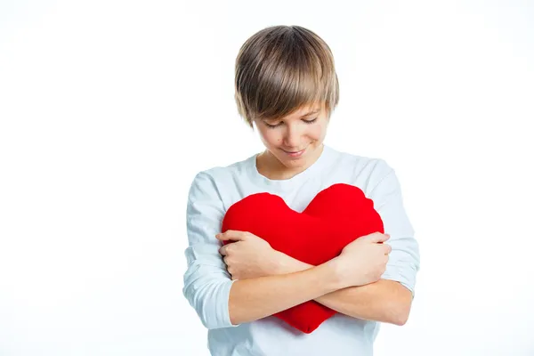 Boy with red heart — Stock Photo, Image