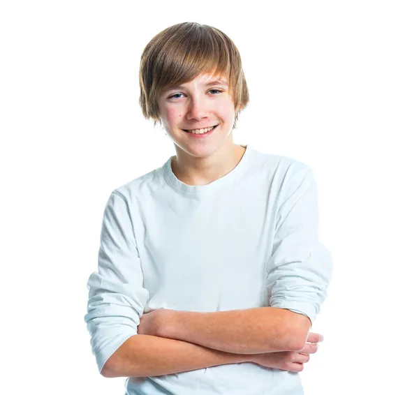 Porträtt av ung vacker pojke i vitt — Stockfoto